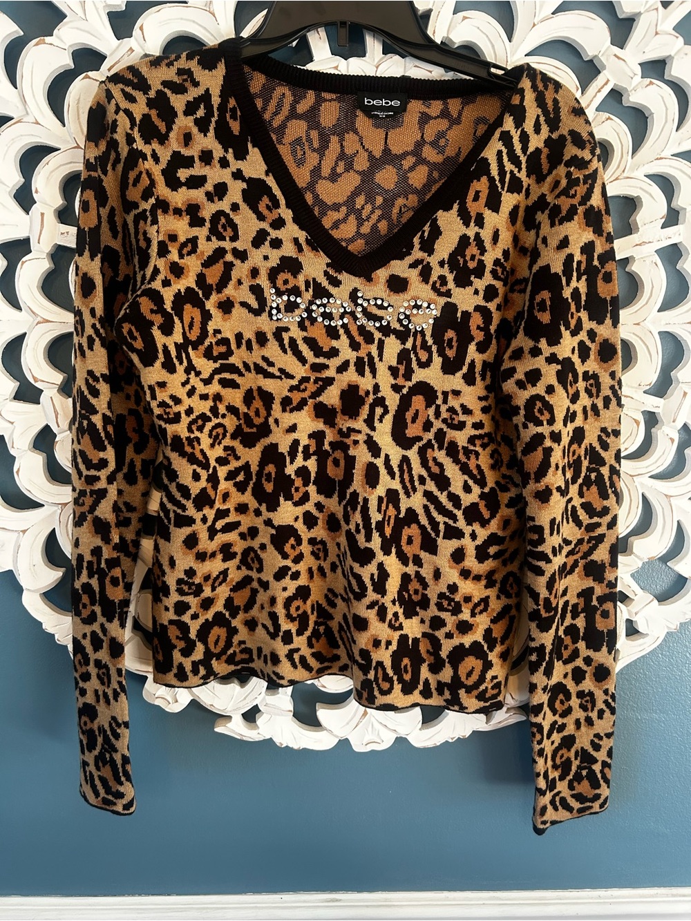 bebe Tan and Black Leopard Print Knit Top with Rhinestone Logo - Picture 1 of 5
